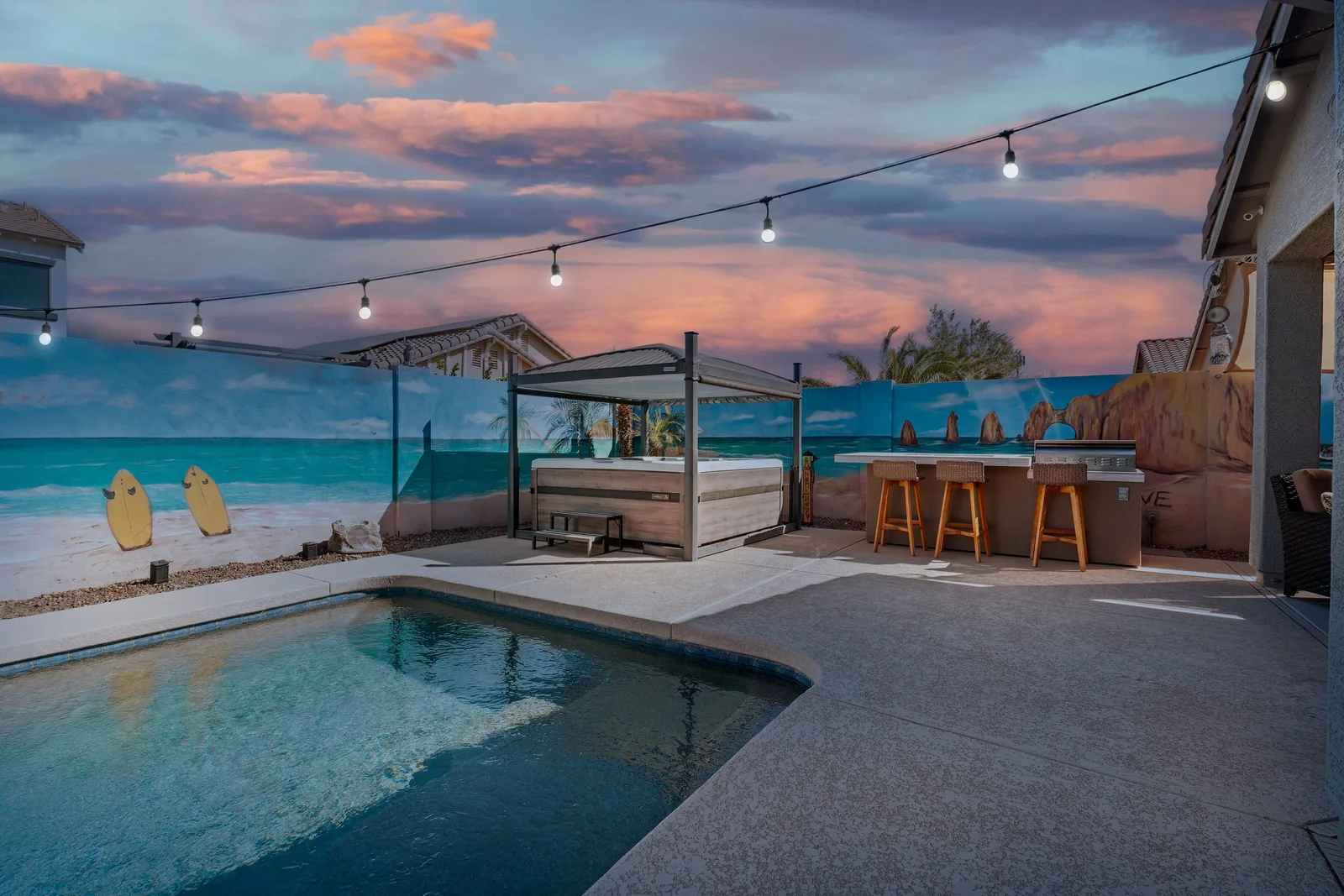 Virtual twilight photo of a backyard pool
